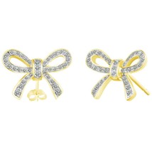 Pushback Simulated Diamond Bow Ribbon Stud Earrings 14k Yellow Gold Plated Xmas - $40.00