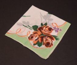 Vintage Handkerchief Green Frame Roses Flowers Ladies Rolled Edge 12.5 inch - $8.86