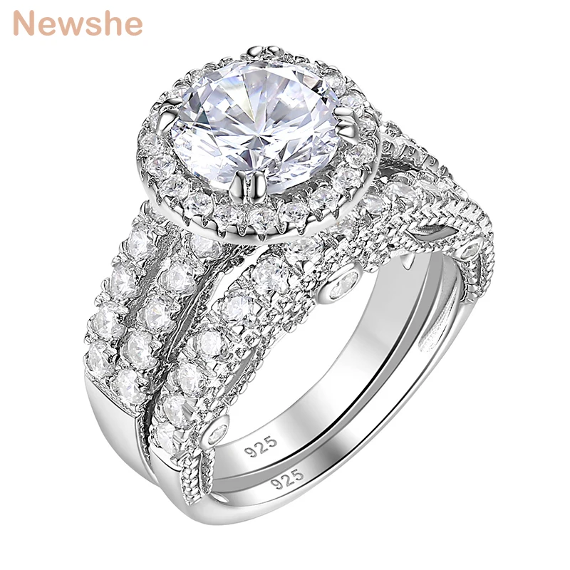 2 Pcs Wedding Ring Set Halo Brilliant Round Cut AAAAA CZ 925 Sterling Silver Eng - £56.70 GBP