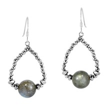 Metallic Teardrop Silver Beads and Round Labradorite .925 Silver Dangle Earrings - £13.25 GBP
