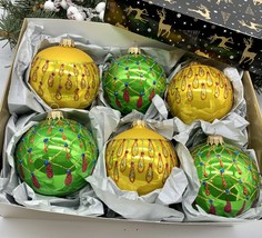 Set of green and yellow Christmas glass balls, hand painted ornaments wi... - $71.25