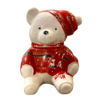 VTG Ceramic White Teddy Bear in Red Sweater Decorative Canister Jar 11.5in Tall - £55.18 GBP