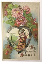 Antique Valentine&#39;s Day PC Cupid W/ Bow &amp; Arrow Hearts Flowers Embossed Glitter - £5.48 GBP