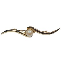 Vintage Gold Tone Faux Pearl Curved Brooch Pin Clear Rhinestone Accents  - $5.86