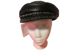 Sandy Ting Womens Black Leather Newsboy Cabbie Hat Cap Size Large New W/... - $42.57