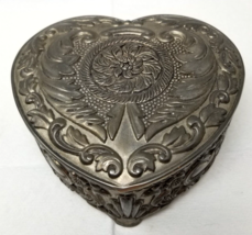 Heart Shaped Jewelry Trinket Box Cast Aluminum Red Lining Floral Design Vtg - $18.95