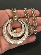 Antique Sterling Silver Double Loop Dangle Etched  Pendant With Chain 26” Long - £186.88 GBP