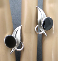 Star-Art Art Deco Sterling Silver Screw Back Earrings Black Oval Stones Leaves - £7.87 GBP