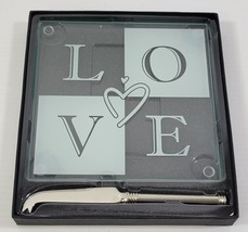N) &quot;LOVE&quot; Glass Cheese Serving Board with Knife Trivet - £7.90 GBP