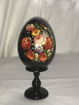 Flowers Zhostovo Wood Easter Egg on a Stand, Painted by Hand Made In Russia 7.5” - £24.36 GBP