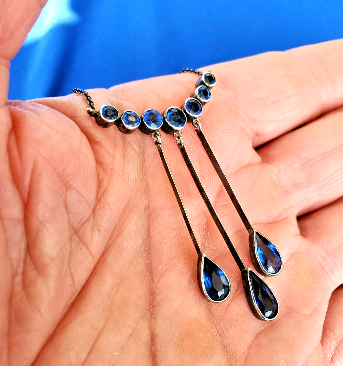 Sterling Silver 925 Deco Modernist Necklace Vintage Sapphire Paste 5.5 ct CHOKER Item image 7