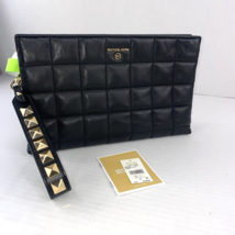 Michael Kors XL Wristlet Jet Set Charm Black Leather Quilted Double Guss... - $71.27