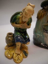 CHINESE Pottery Figurines MUDMAN 1 Sitting Darker in GREENS  1 KNEELING ... - $49.49