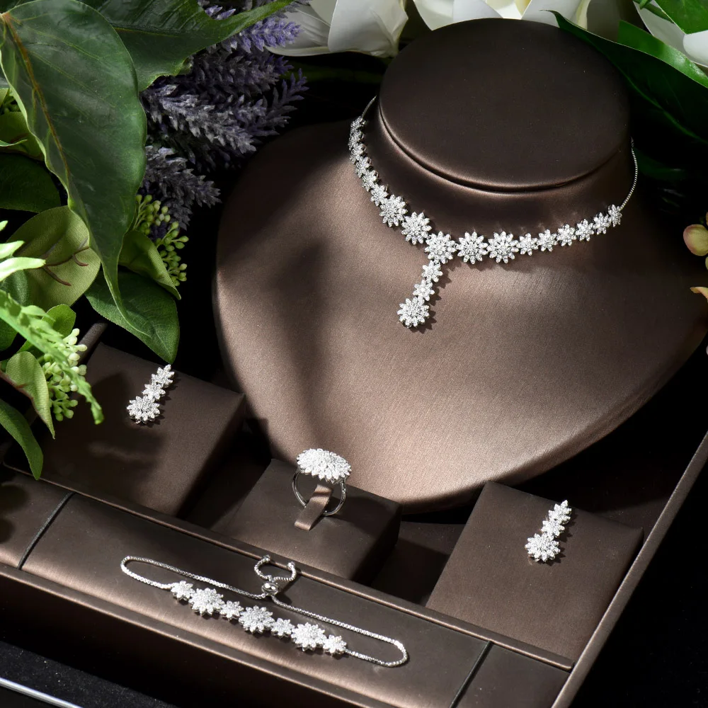 Artistic Vintage Cubic Zircon Crystal Jewelry Sets 4pcs Flower Ring Pendant Neck - £54.37 GBP