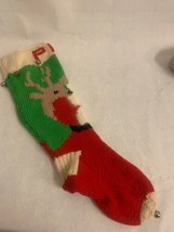 Vintage Hand Knit Christmas Stocking, 1940s, &quot;PAT&quot;, Santa, Reindeer and Bells - £31.74 GBP