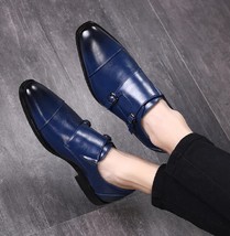 Royal Navy Blue Handmade Dual Monk Strap Premium Leather Men Business Shoes - £117.86 GBP