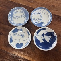 Japanese Plate Set Cats Kittens Wall Decor Blue/white Porcelain 4” Set Of 4 - $27.43 CAD