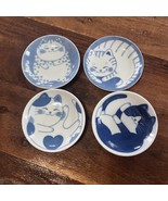 Japanese Plate Set Cats Kittens Wall Decor Blue/white Porcelain 4” Set Of 4 - $27.43 CAD