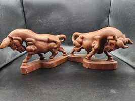 Vintage Hand Carved Solid Wood Bull Steer Handcrafted Statue - Pair Of 2 - £54.26 GBP