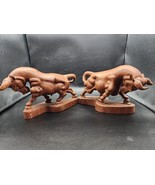 Vintage Hand Carved Solid Wood Bull Steer Handcrafted Statue - Pair Of 2 - £53.39 GBP