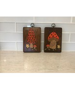 VINTAGE 1970&#39;S 2 WOOD WALL PLAQUES HAND PAINTED MUSHROOMS  - £31.16 GBP