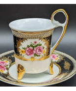 Porcelain Demitasse Tea Cup &amp; Saucer Yau Shing Gold Black Pink Rose 12 P... - £62.43 GBP