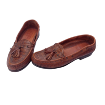 Johnston & Murphy Sz 8.5 Brown Leather Men's Croc Loafers Tassels Italy Slip ons - $35.14