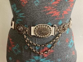 Vintage Belt Streets Ahead Embossed Silver Hardware Chain White Genuine Leather - £87.04 GBP