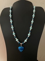 Blue Stripe Agate Heart Stone With Turquoise/Blue Green Tiger Eye Stone Beads - £28.13 GBP