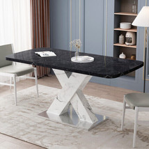 Modern Square Dining Table,Stretchable,Printed Black Marble Table Top+MDF White - £382.07 GBP