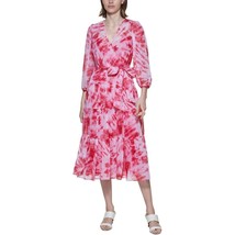 Calvin Klein Women&#39;s 3/4 Sleeve Tie Dye Tier Chiffon Midi Dress Lipstick Size 2 - £26.48 GBP