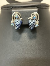Vtg Blue AB Lucite Leaf Signed Star Screw Back  Earrings J357 - $21.78