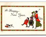 Happy New Year Family w Presents and Dog Gilt Embossed DB Postcard A16 - $4.90