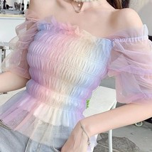 Pastel Rainbow Women Top Blouse | Women Short Sleeve Ruffle Tulle Shirt - £27.17 GBP