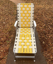 Vtg Folding Chaise Lounge Aluminum Webbed Metal Armrest Lawn Chair Yellow GUC - £102.86 GBP