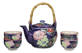Space Purple Victorian Colorful Large Floral Blooms 25oz Tea Pot With 4 Cups Set - £28.03 GBP