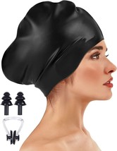 Unisex Silicone Swim Cap for WomenMen,Large Swimming Cap Long Thick Hair (Black) - £10.03 GBP