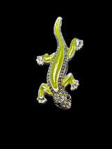 Lizard Gecko Green Enamel Rhinestone Silver Tone Brooch Pin 3&quot; Reptile A... - $31.50