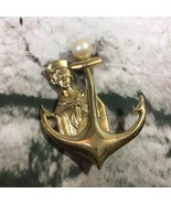 Vintage M. Jent Nautical Pin Gold Tone Anchor Sailor Faux Pearl Brooch J... - £15.49 GBP