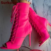 Pink Neon Yellow Stretch Lycra Ankle Boots Thin High Heel Open Toe Short Booties - £112.21 GBP