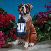 Realistic Boxer Puppy Dog Garden Sculpture Holding Solar LED Lighted Lan... - $58.93