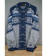 NORSKWEAR 100% Wool Norway Blue &amp; Cream Nordic Snowflake Front Clasp Swe... - £97.33 GBP