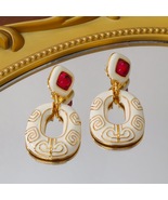 Vintage Gold Trim White Enamel &amp; Red Crystal Drop Earrings - $23.99
