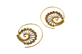 Gold Brass Spiral Earrings, Tribal Loop Earrings, Large Creole Hoops - £11.94 GBP