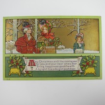 Christmas Postcard Man Lady Girl Snow Trees Holly Gold Embossed Antique 1913 - £7.82 GBP