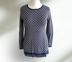 New SUSAN GRAVER Floral Jacquard Tunic Sweater Lace Trim Blue Floral Size Small - £15.03 GBP