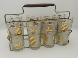 VTG MCM 1960s 70s Libbey Gold Leaf Frosted Highball Glass Set Of 8 Metal... - £51.70 GBP