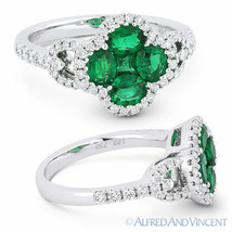 1.35 ct Oval Princess Emerald Diamond Pave 18k White Gold Right-Hand Flower Ring - £3,485.37 GBP