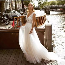 Beautiful Bohemian Lace Wedding Dress 2023 V-Neck Appliques Floor Length Backles - £277.30 GBP