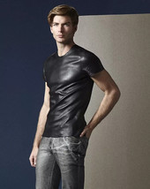 Men Leather Black Handmade Real Soft Lambskin Stylish T Shirt Formal Casual Wear - £84.08 GBP+